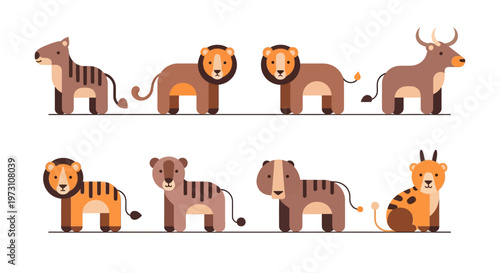 A colorful group of wild animals standing together in a row outdoors