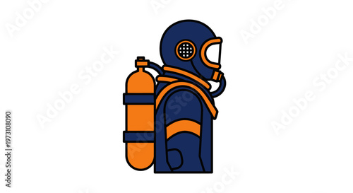 A diver in a deep sea diving suit with an oxygen tank on their back is preparing for a dive in the ocean.