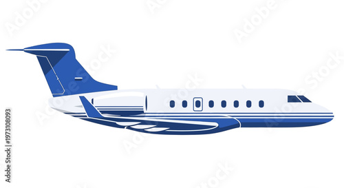 A sleek blue and white business jet soars through the clear sky on a sunny day with Travel, Transport, Airplane, Aircraft, and Plane as main subjects.