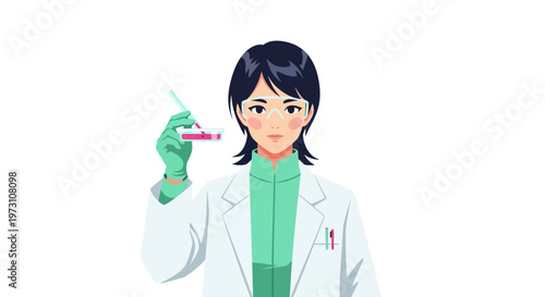 A female scientist in a lab coat is holding a test tube in her gloved hand in a laboratory setting.