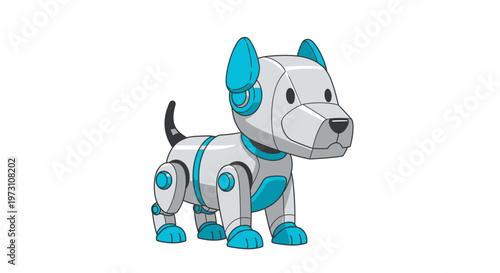 A futuristic robot dog with metallic and blue components stands in a neutral environment, showcasing its unique design and technological features in a side view.