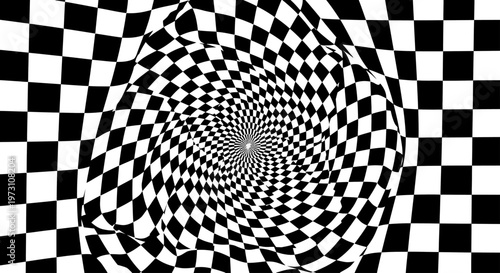 Black and white checkered pattern warping into a hypnotic spiral vortex