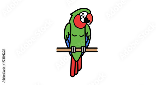 A vibrant green parrot with red and blue feathers perches calmly on a wooden branch in a lush environment.