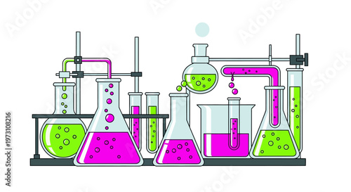 Chemists conduct an experiment with colorful liquids and various laboratory equipment in a science laboratory setting from a front viewpoint.