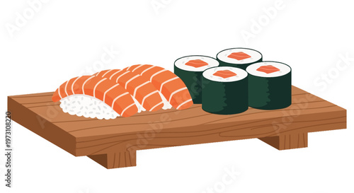 A sushi platter with assorted sushi rolls and sashimi on a wooden board in a restaurant setting with Food, Sushi, Rolls, Sashimi, Salmon as the main culinary display.
