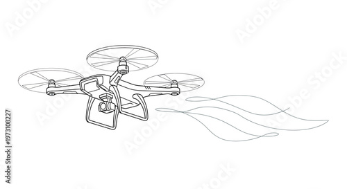 A detailed line drawing of a quadcopter drone with a camera and wispy trail
