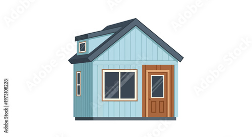 Charming blue clapboard cottage with dormer window and wooden door isolated on white background perfect for representing small homes