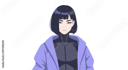 Anime character portrait of a girl with short black hair wearing a purple jacket and gray outfit looking forward with a neutral expression.
