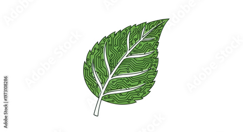 A green leaf with integrated circuit board patterns and veins