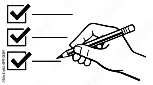 Hand drawn line art illustration of a hand marking a checklist depicting task completion for productivity and organization