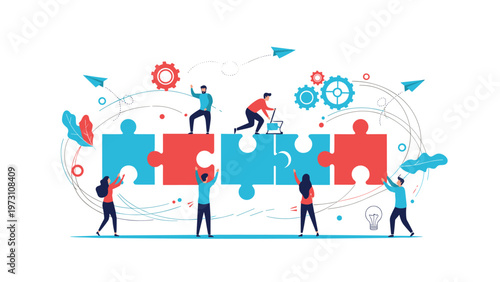 Collaborative team of people diligently building a large puzzle with interconnected gears and flying paper planes, symbolizing teamwork, problem-solving, and efficient strategy.