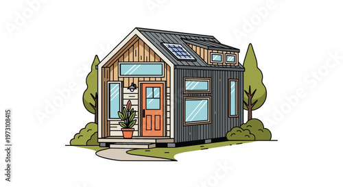 Charming illustration of a compact, eco-friendly tiny house with solar panels and a welcoming porch, nestled amongst greenery, symbolizing modern