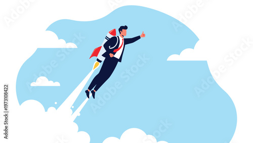 Determined businessman confidently flying upwards with a powerful rocket backpack, giving a thumbs-up, symbolizing rapid career growth and business acceleration.
