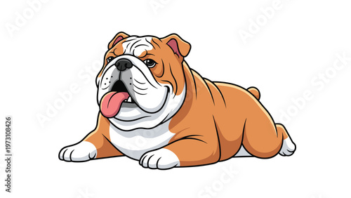 Adorable cartoon bulldog with a friendly expression and tongue out, casually lying down, portraying a charming and happy pet.