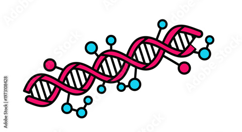 The illustration depicts a pink DNA double helix structure with blue molecular bonds and pink molecular nodes on a white background with science and technology elements.