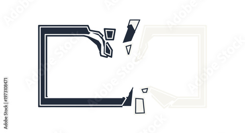 An abstract illustration depicts a stylized scene of fragmented shapes and lines forming a square-like structure on a plain background with various geometric elements.