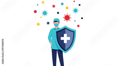 Brave medical professional wearing a face mask and holding a shield, confidently protecting against floating virus particles, symbolizing healthcare and immunity.