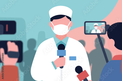 Medical professional in lab coat and mask speaking into multiple microphones at press briefing, stylized vector illustration.