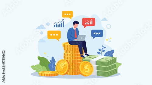 Businessman sitting confidently on a stack of gold coins, working on a laptop, surrounded by charts and money, symbolizing financial management and investment success.