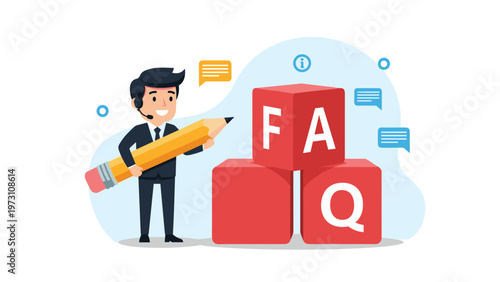 Friendly customer service representative wearing a headset, holding a giant pencil, and standing next to "FAQ" letter cubes, symbolizing support and common inquiries.