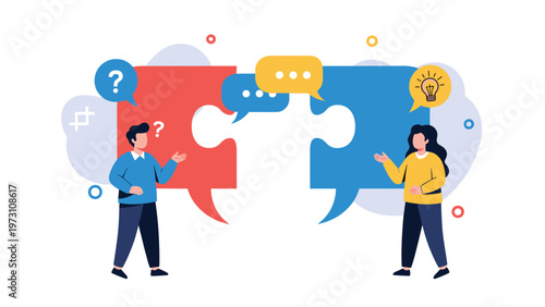 Two individuals creatively connecting puzzle-like speech bubbles with question marks and a lightbulb, symbolizing collaborative communication, problem-solving, and innovative ideas.