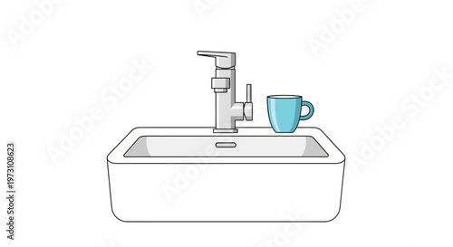 An illustration of a kitchen sink with a faucet and a blue coffee mug on the right side.