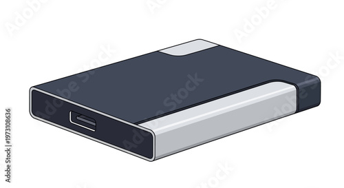 An illustration of a sleek, modern portable power bank with a dark blue and silver design on a plain white background, showcasing technology and devices.