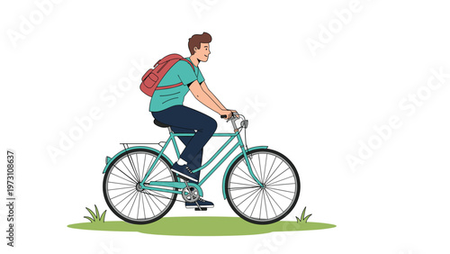 Cheerful young man with a red backpack enjoying a ride on his bicycle across a green grassy landscape on a beautiful day.