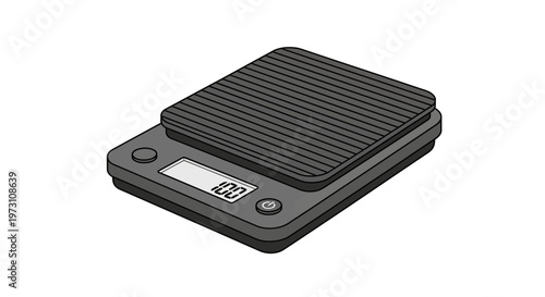 A digital scale with a black platform and gray base sits on a white surface, displaying weight measurements in a modern kitchen environment.