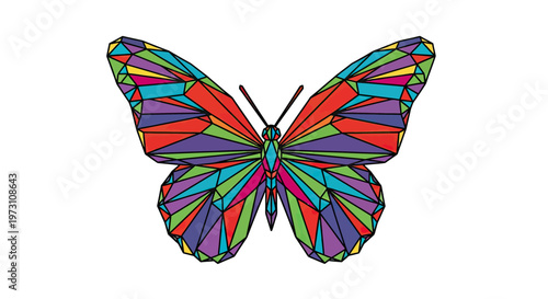 Geometric butterfly with colorful, segmented wings on a white background