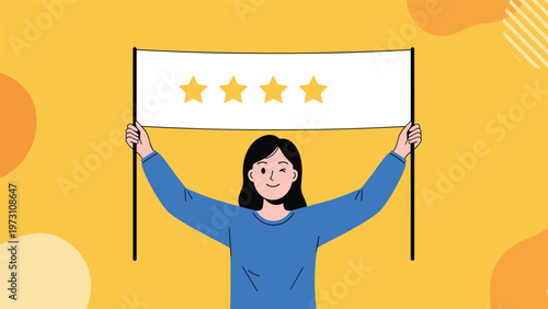 Happy woman enthusiastically holding up a white banner adorned with four glowing gold stars, symbolizing excellent rating, positive feedback, and quality service.