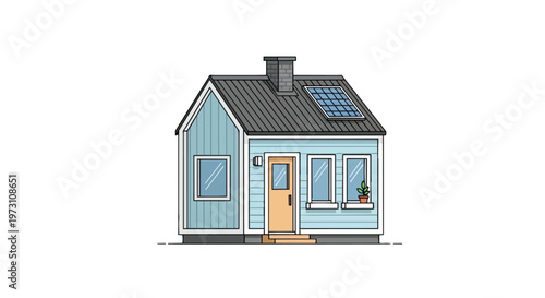 Charming blue cottage with solar panel and chimney a representation of sustainable living and cozy architecture