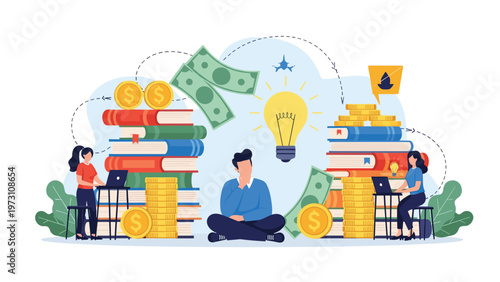 Thoughtful man meditating between two towering piles of books, surrounded by flying money and glowing lightbulb ideas, symbolizing knowledge, investment, and innovation.