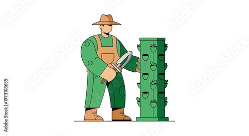 A man in green overalls is cutting a large green cactus with a saw outdoors in a desert landscape with rocks and dry soil.