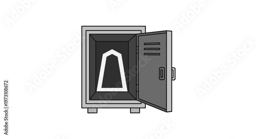 An illustration of a safe with its door open, revealing a white triangular object inside, against a plain background.