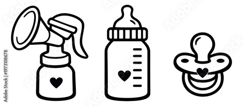 Line art baby feeding set featuring a breast pump, baby bottle, and pacifier for newborn care