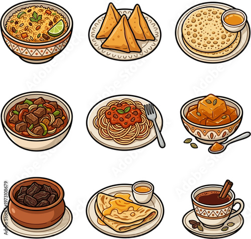 Collection of Indian and international food dishes including curry samosas and biryani vector illustration