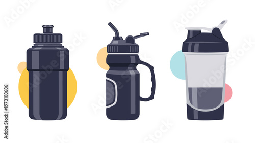 Collection of three distinct sports water bottles, featuring varying designs and caps, emphasizing hydration and active lifestyle needs.