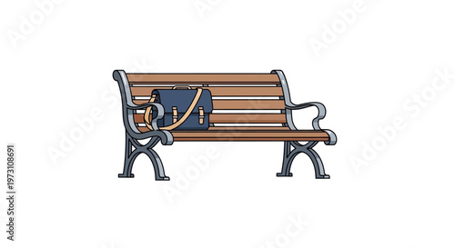 An illustration of a blue bag resting on a brown wooden park bench with metal armrests and legs in a public setting.