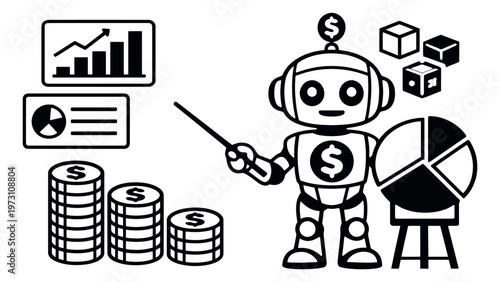 Simple line art business analysis set featuring a robot, financial charts, and coin stacks for data reporting