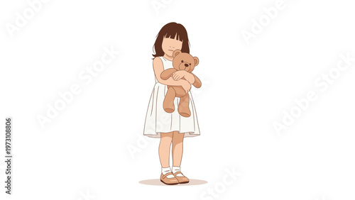 Adorable illustration of a small, innocent girl with dark hair, dressed in a white dress, gently holding a comforting teddy bear, symbolizing childhood, comfort, and simple joys.