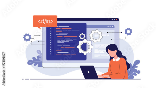 Dedicated female programmer or web developer working diligently on a laptop in front of a large monitor displaying code and gear icons, symbolizing software development and coding expertise.