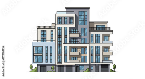 Modern Architectural Facade Design Featuring Geometric Windows and Balconies in a Stylized Illustration Style