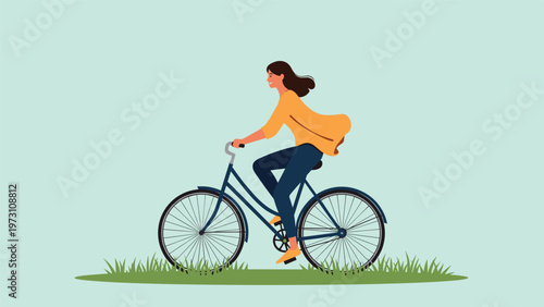 Serene illustration of a woman enjoying a leisurely bicycle ride on a grassy path against a soft blue background, embodying healthy lifestyle, outdoor activity, and sustainability.