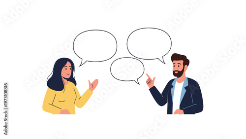 Two individuals, a man and a woman, engaged in a conversation with multiple empty speech bubbles above them, symbolizing communication, discussion, and dialogue.