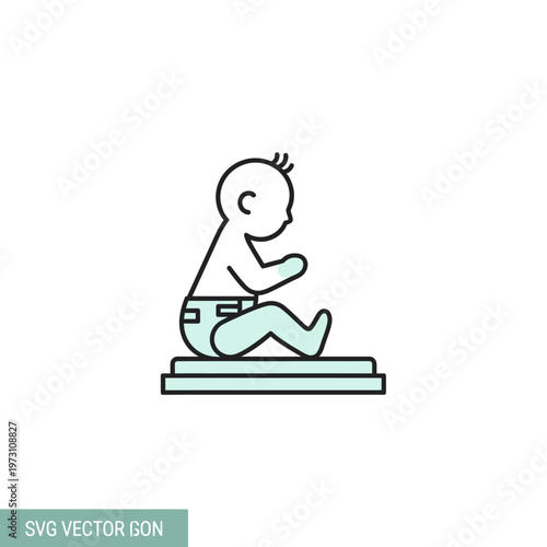 Baby sitting on a scale icon, flat design, child weight measurement, healthcare concept
