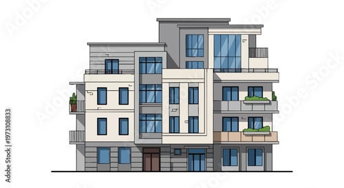 Modern Multi-Story Residential Building Facade with Balconies and Large Windows in a Clean Architectural Illustration Style