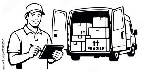 Hand drawn line art illustration of a delivery man checking a clipboard with a van full of packages for logistics and shipping services