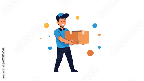 Cheerful illustration of a delivery man in a uniform and cap happily carrying a cardboard box, representing efficient package delivery, logistics, and e-commerce services.