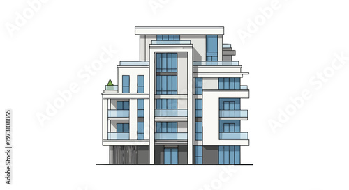Modern Residential Building Facade Design Conceptual Rendering Architectural Sketch with Clean Lines and Glass Balconies